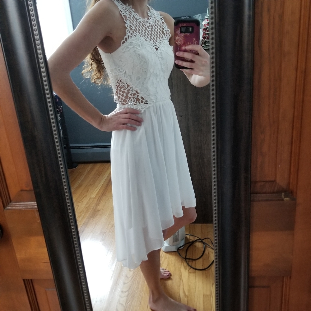 City Triangles White Lace Illusion High Low Dress - Picture 4 of 10